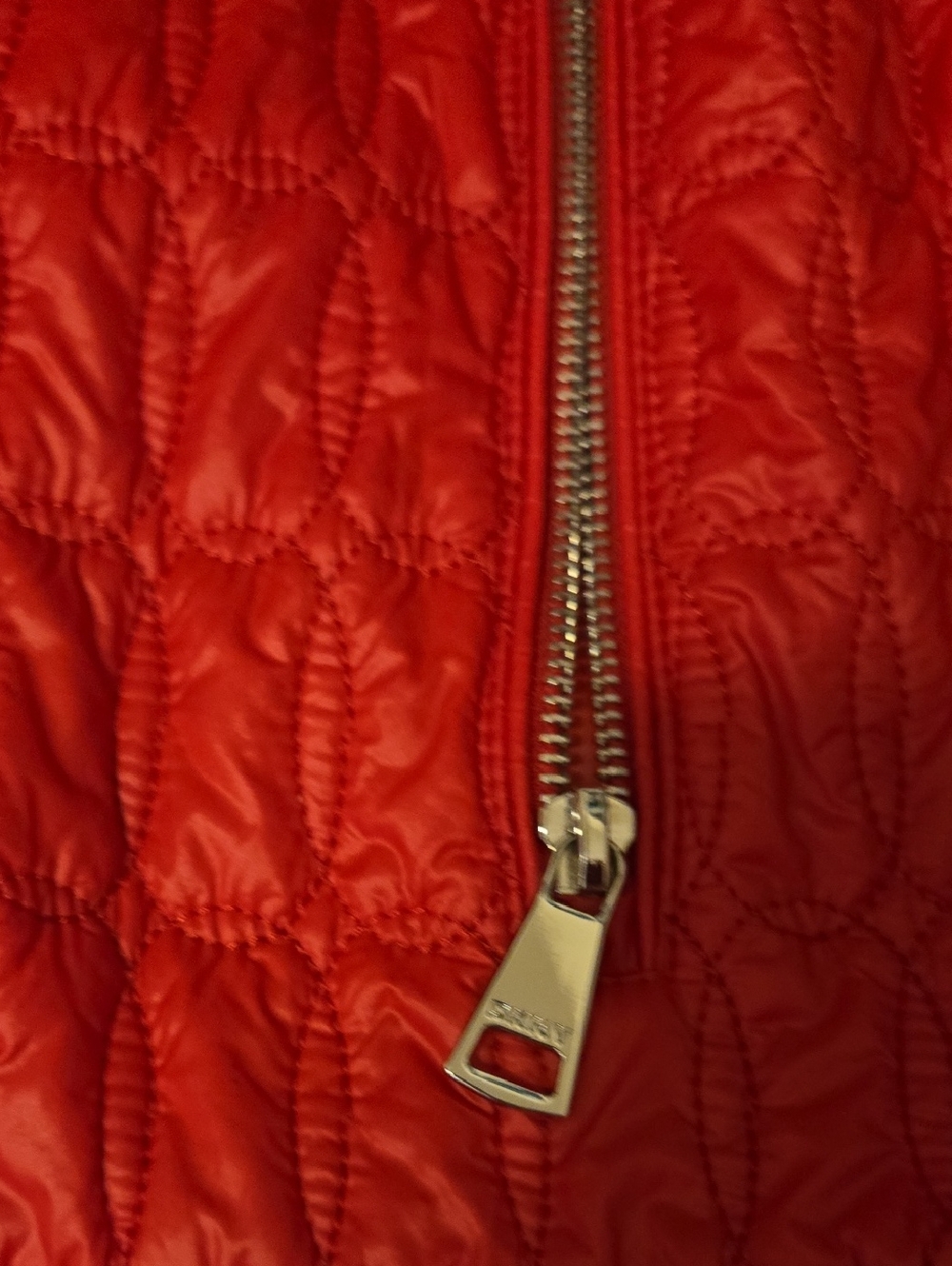 DKNY red hot quilted packable bomber jacket with matching fanny pack.